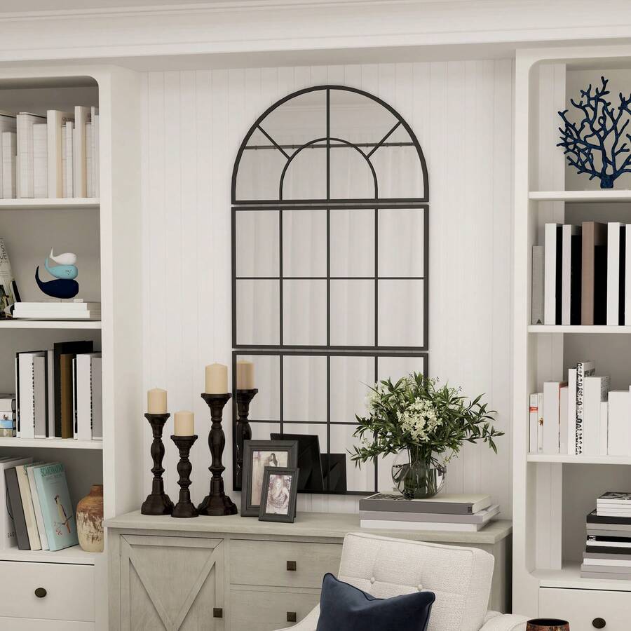 Three-Part Wall Mirror, Arched Mirror With Metal Frame, Decorative Window Mirror, Hanging Mirror For Bathroom Or Living Room, Black - 1PC - 查看 1