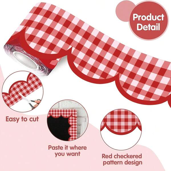 1 rolă 10m/32.8ft bordură decorativă autocolantă pentru panou de anunțuri, carou roșu-albastru, bandă decorativă, finisaj de margine, potrivită pentru pereți, birouri, ferestre, uși, dulapuri, săli de clasă, școli de acasă, decor perete birou