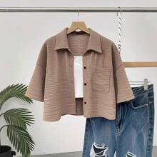 Nueva camisa de mujer con botones y bolsillos de color sólido, estilo corto con mangas medianas. - rosa - Ver 3
