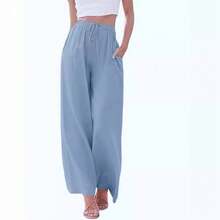 Pantalones de lino holgados de talla grande para mujer, con bolsillos y cordón ajustable, de pierna ancha. - Rojo - Ver 9
