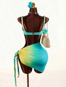 Conjunto de traje de baño de 3 piezas con detalles de lino para mujer, que incluye bikini y cubre con lino, adecuado para vacaciones en la playa y uso diario, sexy, lindo, elegante, nueva llegada - Multicolor - Ver 7