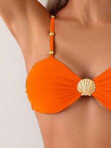 Swim Chiccia Conjunto de bikini marrón de cintura alta con control de abdomen, correa con cuentas y hebilla de metal elegante para vacaciones de mujer, primavera/verano 2025 - Negro - Ver 9