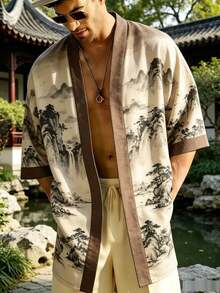 Men's Kimono Cardigan, Short-Sleeved Loose Fit, Landscape Ink Painting Print, Chinese-Style Retro Design, Breathable And Comfortable For Summer - B - View 4