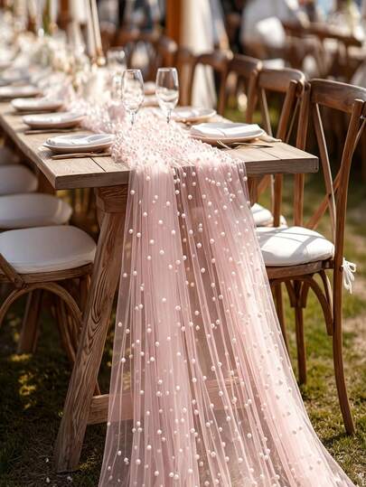 1pc Elegant Faux Pearl Decor Table Runner, Pink Pearl Chiffon Wedding Table Cloth, Wedding Arch Decor, Bridal Shower, Party Decor, Chair Sash, Event Backdrop, Christmas, Romantic Pearl Lace Table Runner, Wedding Arch Decor, Bridal Shower Gift, Banquet Tablecloth, Embroidered Transparent Anti-Wrinkle White Dessert Table Cloth