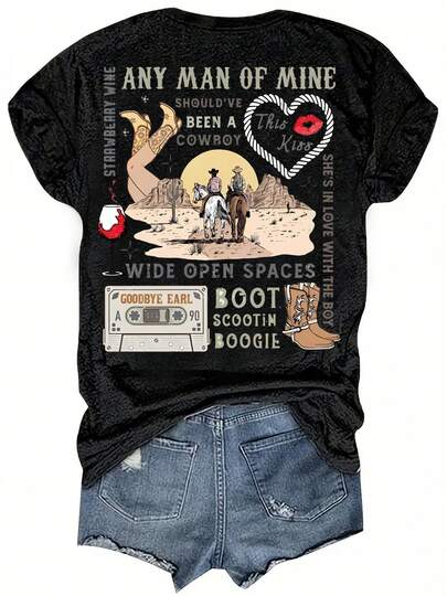 90s Western Music Round Neck T-Shirt, Casual Vacation Women's Short Sleeve Top, Women's Clothing