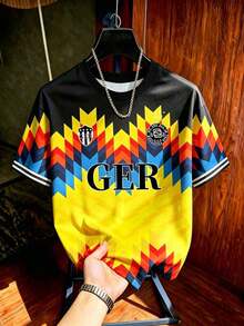 Aesthetic Post Camiseta de fútbol con patrón retro totem, mexicano, maya, de manga corta, versión del jugador#9 - Multicolor 9 - Ver 2