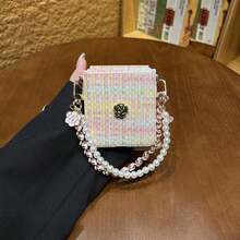 Colorful Woven Pattern Phone Case With Flower Pearl Chain, Compatible With Samsung Galaxy ZFlip7 Flip8 Z Flip6 ZFlip 5 Zflip6 Zflip5, Shockproof Back Cover - Pastel - View 6