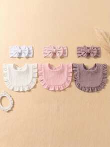 Set de 6 piezas de diademas para bebé de unicolor de verano con moño grande, baberos y paños de eructo suaves y amigables con la piel con volantes lindos, set de accesorios de colores múltiples para recién nacidos - Multicolor - Ver 7