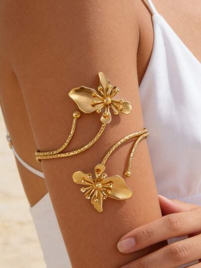 1pc Bohemian Vintage Hibiscus Flower Arm Cuff, Essential Beach Resort Accessory, Gold-Tone Jewelry For Casual Daily Wear