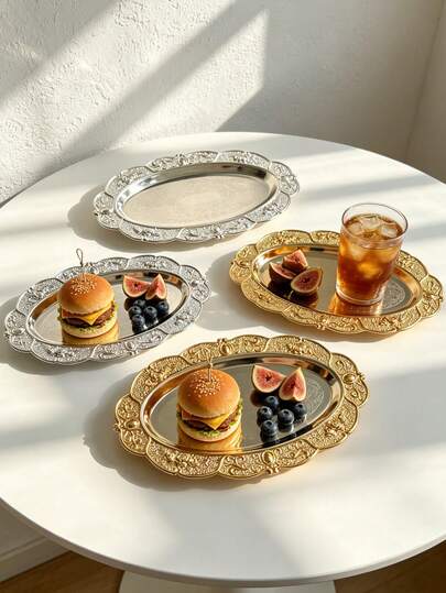 1pc European Luxury Stainless Steel Plate, Vintage Palace Style Rectangular Embossed Serving Plate, Ins Style Cake Plate, Exquisite Afternoon Tea Dessert Tray, High-End Home Cake Snack Plate, Fruit Salad Bread Plate, Western Restaurant Pasta Steak Plate. Souvenir, Housewarming Gift, Suitable For Western Restaurants, Parties, Gatherings, Weddings