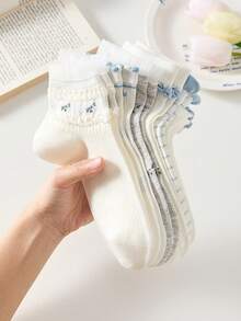 4 pares de calcetines cortos para mujer, estilo minimalista y cómodo, versátiles calcetines cortos con estilo de bosque, calcetines cortos con encaje floral y flores, calcetines casuales para estudiantes, adecuados para vacaciones, uso diario, trabajo, deportes, primavera/verano/otoño, colores aleatorios - Multicolor - Ver 12