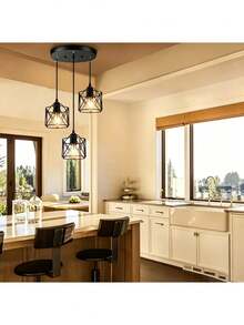 Three-Light Pendant Lamp, Rustic Style, Perfect For Kitchen Islands And Dining Rooms; Retro Industrial Style Ceiling Light, Adjustable Height, Matte Black, Bulb Not Included - Black - View 2