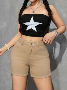 PETITE Pantalones cortos vaqueros sueltos y lavados de uso casual versátil - Caqui - Ver 5