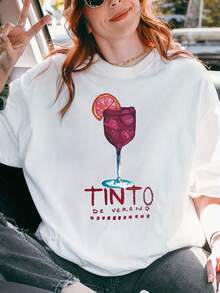 Sommar Toppar Dam  2026Summer CocktailsMonogram Printed T-Shirt, Short Sleeve Crew Neck Casual Tops For Summer And Spring, Women'S  Addio Al Nubilato - White - View 1