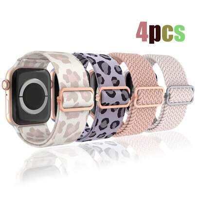 4組彈性腕帶，適用於Apple Watch錶帶，尺寸有40mm、38mm、41mm、42mm、44mm、45mm、46mm、49mm。由尼龍編織面料製成。適用於Apple錶帶系列11、10、9、8、7、6 SE、5、4、3 Ultra、3、2、1。完美禮物，活動場地配件，學生禮物，開學季適用。