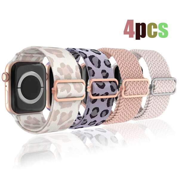 4組彈性腕帶，適用於Apple Watch錶帶，尺寸有40mm、38mm、41mm、42mm、44mm、45mm、46mm、49mm。由尼龍編織面料製成。適用於Apple錶帶系列11、10、9、8、7、6 SE、5、4、3 Ultra、3、2、1。完美禮物，活動場地配件，學生禮物，開學季適用。