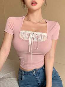 Camiseta de manga corta con bloques de color para mujer, Tops cortos para mujer, Tops lindos para mujer - Rosa - Ver 7
