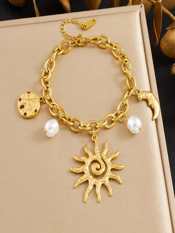 1Pc Stainless Steel Gold Tone Paperclip Bracelet With Celestial Sun & Moon