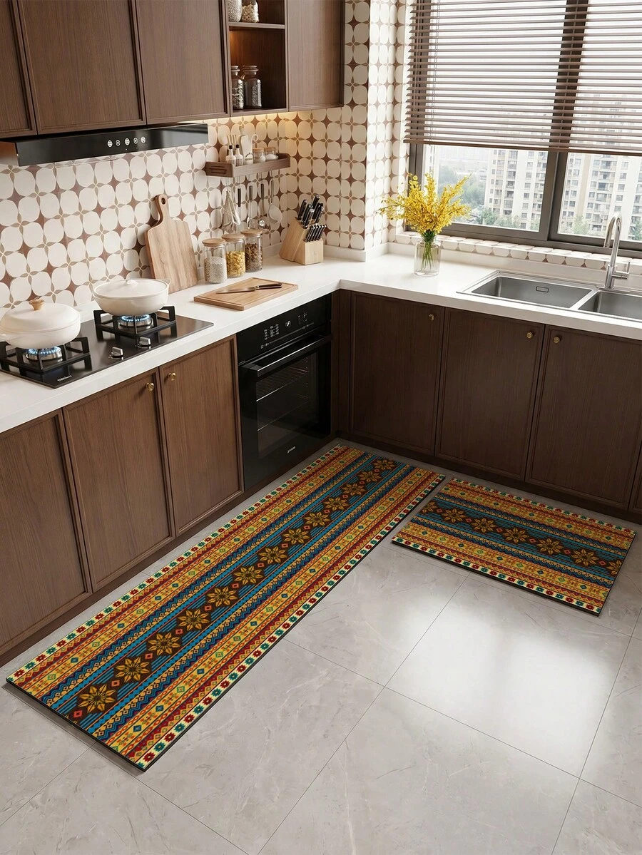 Tappetino da cucina in terra di diatomee assorbente d'acqua di colore scuro e stile bohémien. Adatto per cucina, tappeti per il soggiorno, tappetini antiscivolo per il bagno, lavanderia, camere da letto, interni ed esterni, uffici, hall, zerbini, tappeti per aree, decorazioni natalizie, tappeti per corridoi, studio e aree e-sport. - Multicolore - Visualizzare 1