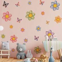 2 piezas Pegatinas de pared con flores y mariposas de colores, calcomanías florales de color macaron, material de PVC removible adecuado para la habitación de niñas, dormitorio, decoración de pared de la sala de estar - Ver 2