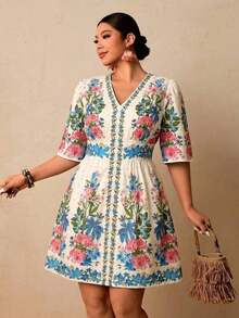 Vestido corto con estampado floral negro para mujer de talla, vestido corto con cuello en V, manga corta y cintura ceñida, vestido romántico para vacaciones en una isla a principios de primavera, vestido bohemio - Blanco - Ver 12