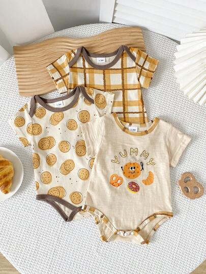 3pcs/Set Bộ bodysuit ngắn tay gân mùa hè cho bé, họa tiết caro/bánh quy/in tam giác dễ thương cho trẻ sơ sinh