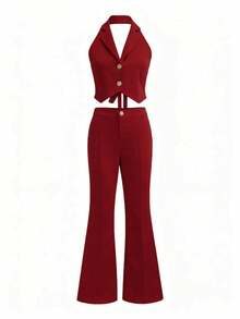 Small V-Neck Buckle Vest And Wide Leg Casual Pants Set Summer Red Elegant - Red - View 4