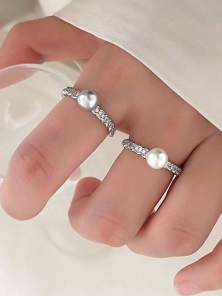 1件蕾絲珍珠戒指,小眾高端極簡優雅法式風格女款戒指 - 彩色 - 查看 1