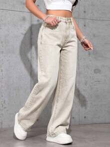 Women's Pocketed Wide Leg Relaxed Casual Denim Jeans - Màu Khaki - Xem 3