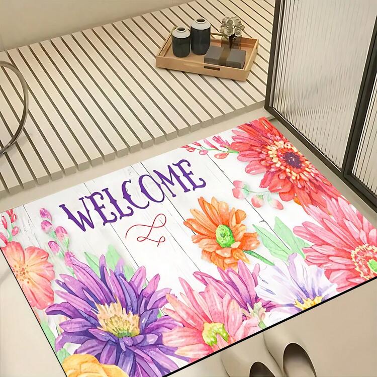1pc Floral Pattern Printed Silica Gel Carpet, Easy To Clean, 3D Printed Rectangle, Suitable For Entryway, Living Room, Kitchen, Bedroom, Hallway, Bathroom, Laundry Room - Polyester Carpet, Suitable For Indoor And Outdoor Home Decor - Multicolor - View 2