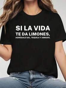Si la vida te da limones, añade sal, tequila y... Esta es una camiseta de manga corta con cuello redondo para mujer, con un diseño estampado, perfecta para salidas informales, regalos festivos y reuniones. Es cómoda y adecuada para usar en primavera y verano. Adecuado para el uso diario de los estudiantes, fiestas, escuela, festivales de música, vacaciones y desplazamientos. Can Also Be Given As A Gift To Family And Friends.blusas, blusas para mujer, playeras de hombre, ropa de niñas, ropa niño, tops para adolescentes, playeras de mujer, ropa de hombre - Negro - Ver 7
