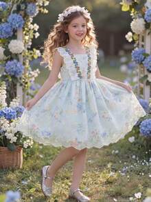 Robe fleurie pour filles, fleurs délicates/volants colorés et garniture en dentelle, robe à encolure carrée sans manches avec ceinture, style campagnard pour les vacances, les jeux en extérieur, les fêtes et le port quotidien - Multicolore - Voir 2