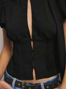 2026 Blusa de verano para salir con cuello alto, detalle de bufanda de tela tejida ligera, silueta ajustada con botones frontales, diseño lindo - Negro - Ver 5