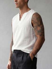 glestore Men's Retro-Style Sleeveless T-Shirt With A Linen-Like Texture: Comfortable And Stylish, This Lightweight, Slightly Sheer Piece Is A Versatile Choice. - White - View 5