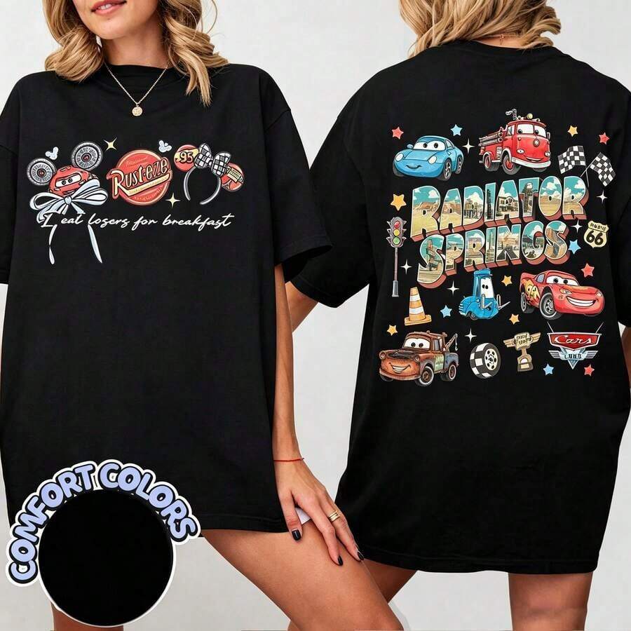 1 pièce T-shirt surdimensionné imprimé de dessins animés Disney "Conception rétro à deux faces de style coquette T-shirt Disney 100% Coton - Noir - Voir 1