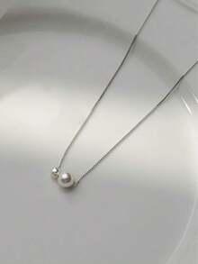 Necklace With Synthetic Pearl - Silver 2 - View 3