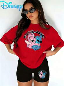 Lilo & Stitch "Stitch & Angel Hug" T-Shirt & Biker Shorts Setwomen's Casual T-Shirt And Yoga Pants Set, Perfect For Summer Travel And Relaxing At Home. Disney Licensed Stylish, Soft, And Comfortable Sportswear Set. - 紅色 - 查看 1