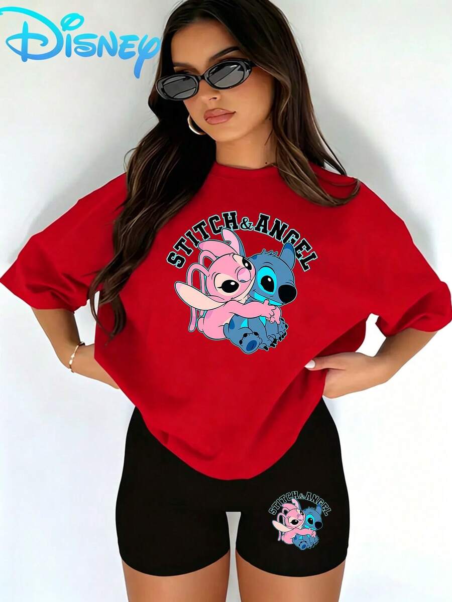 Lilo & Stitch "Stitch & Angel Hug" T-Shirt & Biker Shorts Setwomen's Casual T-Shirt And Yoga Pants Set, Perfect For Summer Travel And Relaxing At Home. Disney Licensed Stylish, Soft, And Comfortable Sportswear Set. - 紅色 - 查看 1