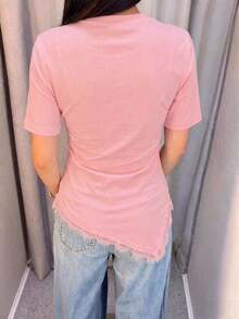 Camiseta de mujer de punto de unicolor con encaje en contraste, asimétrica/asimétrica, adecuada para el hogar, uso diario, vuelta al colegio, fiesta, casual de primavera/verano en color negro - Rosa - Ver 4