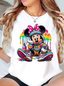 Minnie Mouse Graffiti Art Print Disney Women T Shirt Round Neck Short Sleeve Casual Wear For Everyday And Holiday Soft Comfortable 220g - trắng - Xem 1