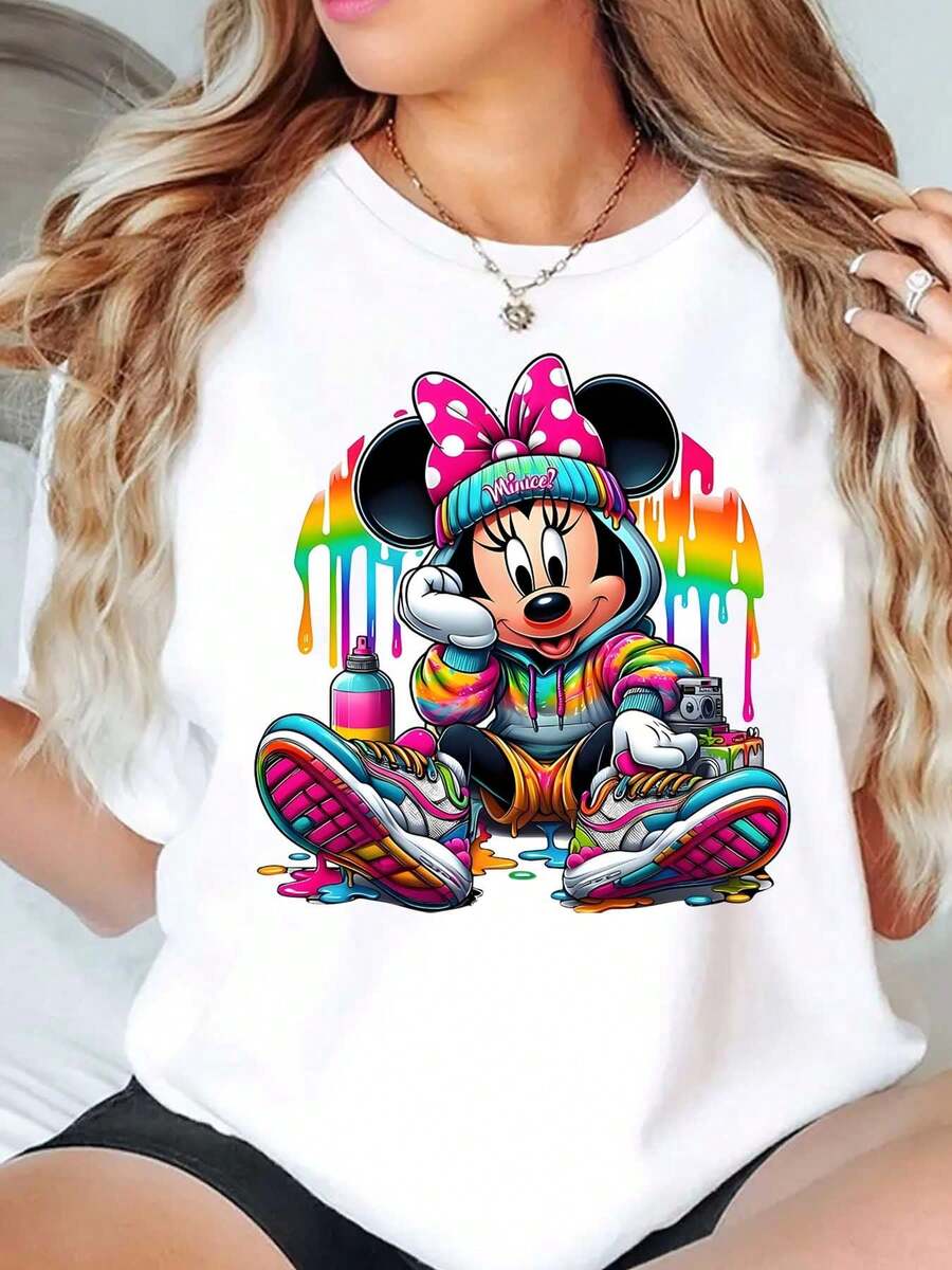Minnie Mouse Graffiti Art Print Disney Women T Shirt Round Neck Short Sleeve Casual Wear For Everyday And Holiday Soft Comfortable 220g - trắng - Xem 1