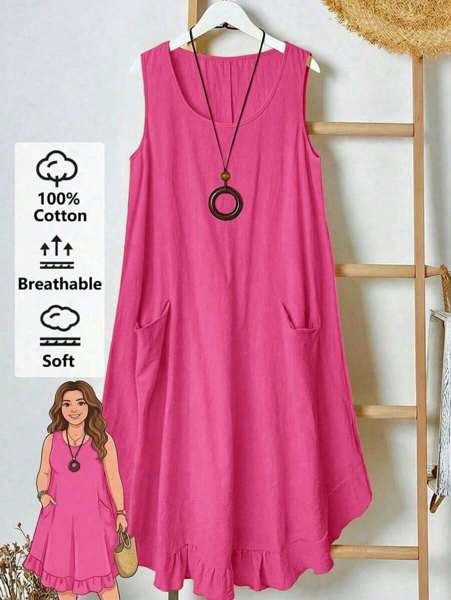 EMERY Vestido de verano casual de talla para mujer, de color verde militar sólido, sin mangas, con volantes en el bajo y parches de encaje en la espalda - Rosa Fucsia - Ver 1