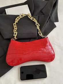 1pc Shiny Solid Gold Chain Decor Underarm Baguette Bag - Burgundy - View 3
