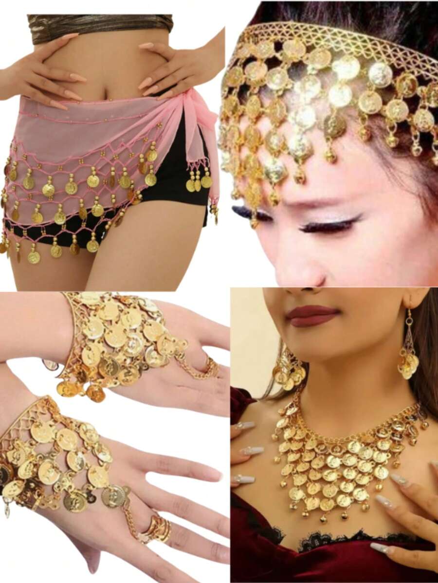 Kit Tiara + Pulseira + Colar E Lenço Moedas Árabe Dança