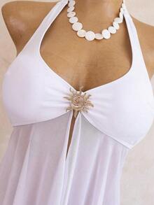 Bellisia Swim Chic Sea French Elegant Halter Neck Tankini Swimwear With Metal Decor And Mesh Splice, Vacation Style - 白色 - 查看 4