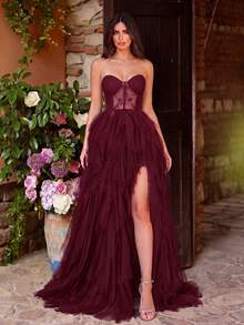 Faeriesty Women's Elegant Strapless Long Formal Evening Dress, Lace Decor, Multi-Layered Delicate Tulle Dress, Suitable For Weddings, Parties And Celebrations Party - Burgundy - View 4