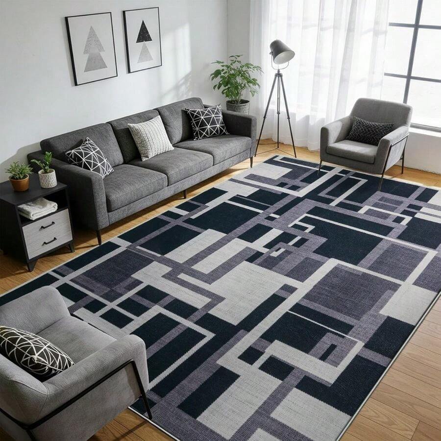 Large Rugs For Living Room 160x230 Cm - Printed Area Rugs For Bedroom Non-Slip - Modern Geometric Style Soft Short Pile Floor Carpet Washable For Entryway Kitchen Office Dining Room Adults World Book Day - Black-white - View 1