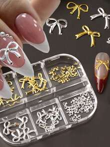 6pcs 3D Bow Nail Art Decorations, Gold & Silver Hollow And Solid Bow Nail Accessories, Multi-Size Metal Ribbon Nail Decor Suitable For Wedding, Valentine's Day, Graduation Ceremony And Daily Wear Nail Charms - Multicolor - View 3