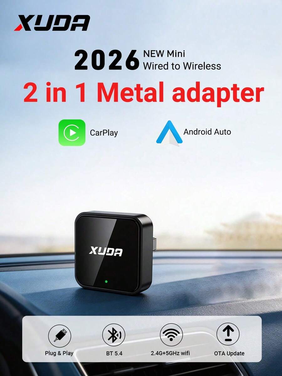 XUDA 2026 新款 2-in-1 無線車用智能盒,CarPlay 與 Android Auto Mini 轉接器,Carplay 轉換器,快速自動連接,無延遲,小巧優雅智能盒,有線轉無線,時尚便攜,附 USB/USB-C 接口 - D - 查看 1