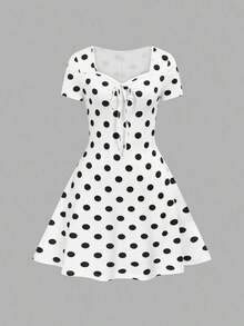 Nuevo 2026  Nuevo vestido mini de verano de ajuste ceñido con nudo delantero, de punto jacquard de crema de mantequilla sexy para mujeres - Blanco y Negro - Ver 5